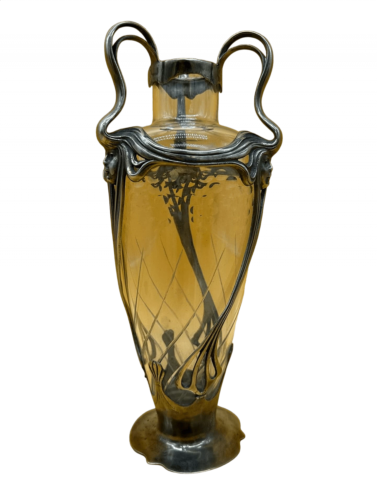 Art Nouveau glass and metal vase with three handles, early 1900s 5