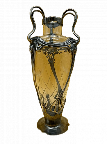 Vaso Art Nouveau in vetro e metallo con tre manici, inizio '900