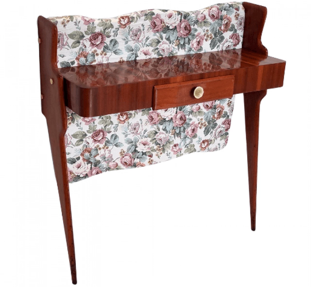 Ebonized beech and floral fabric console, 1950s 1