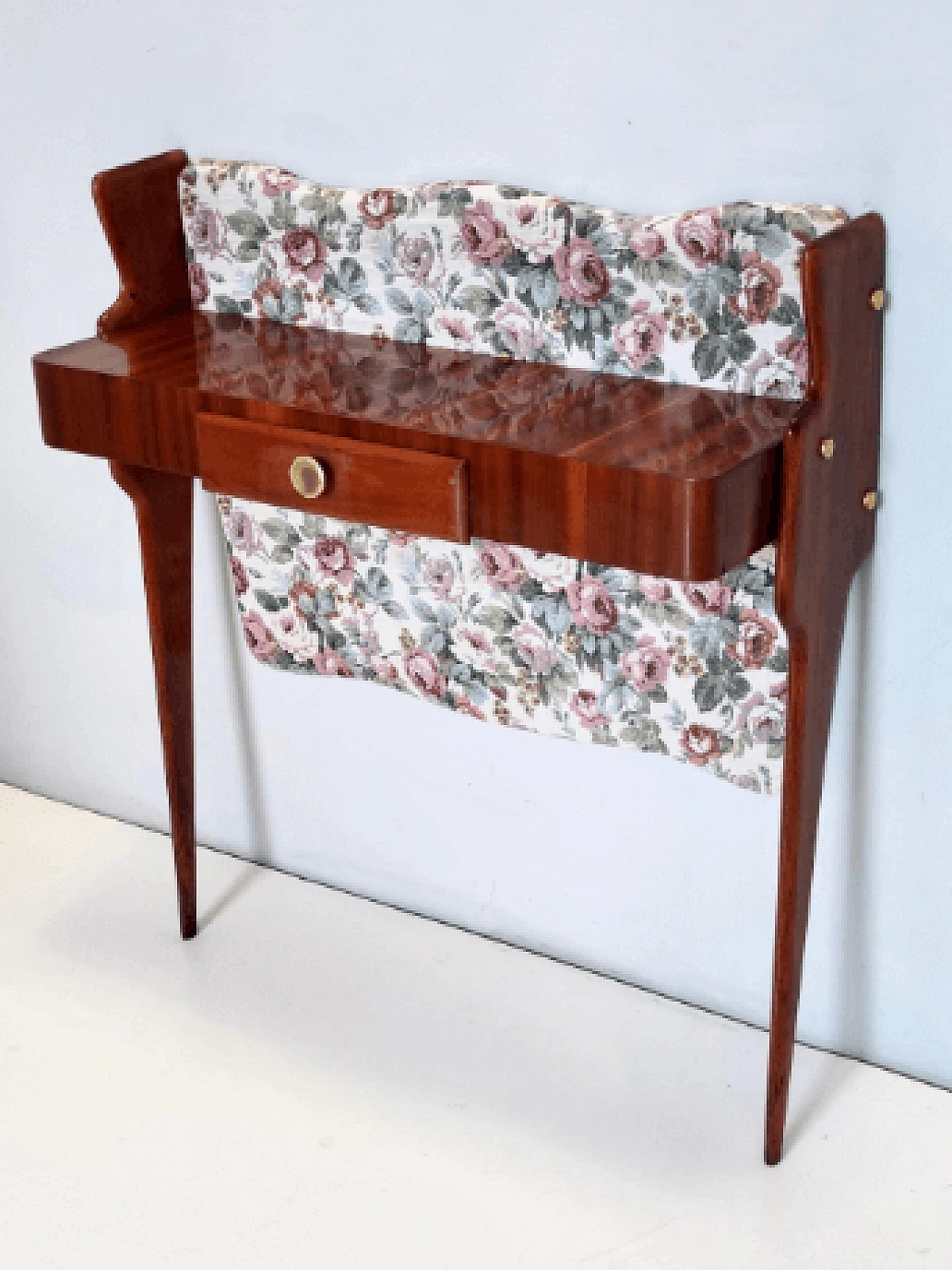 Ebonized beech and floral fabric console, 1950s 5