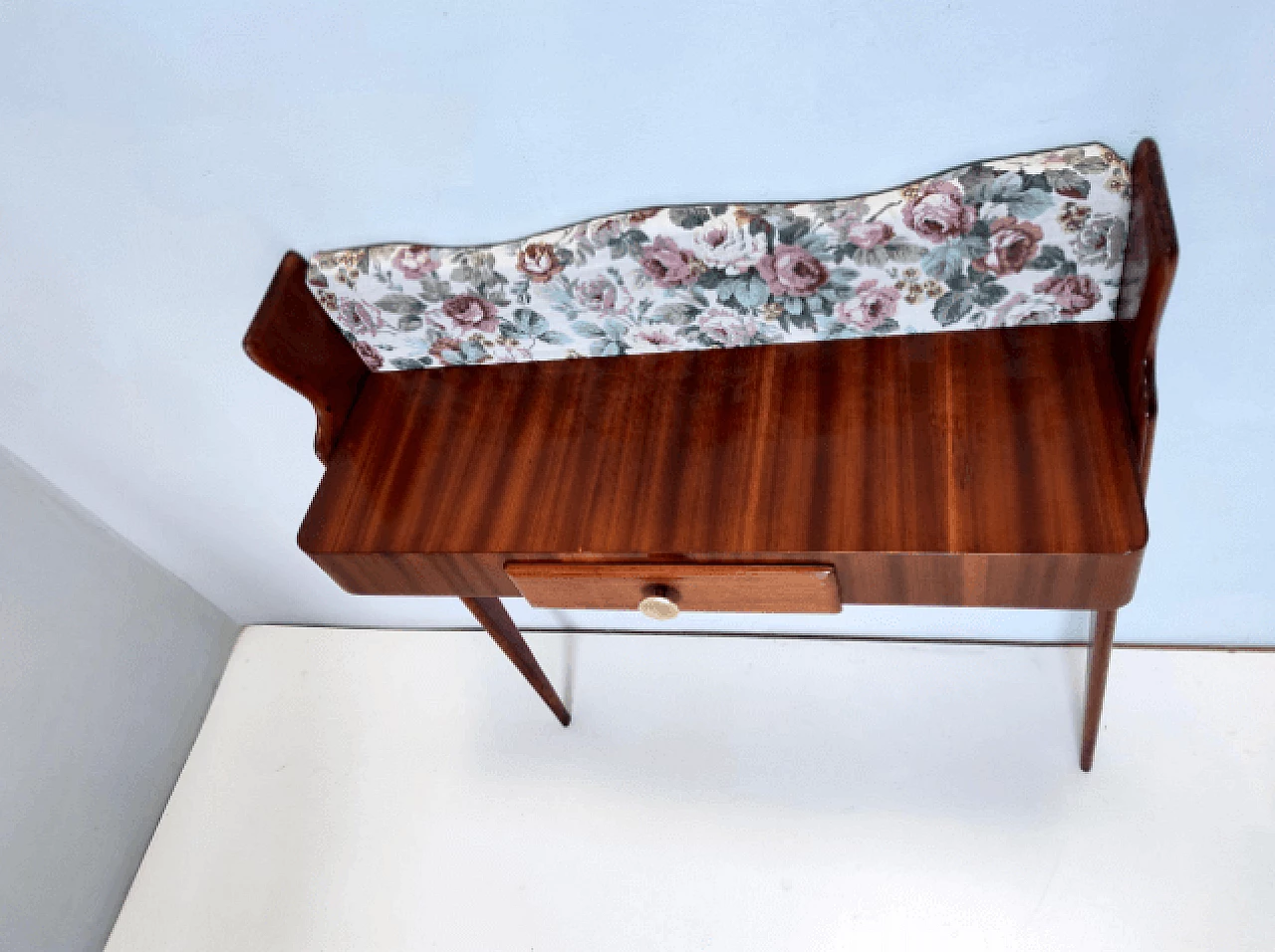 Ebonized beech and floral fabric console, 1950s 8