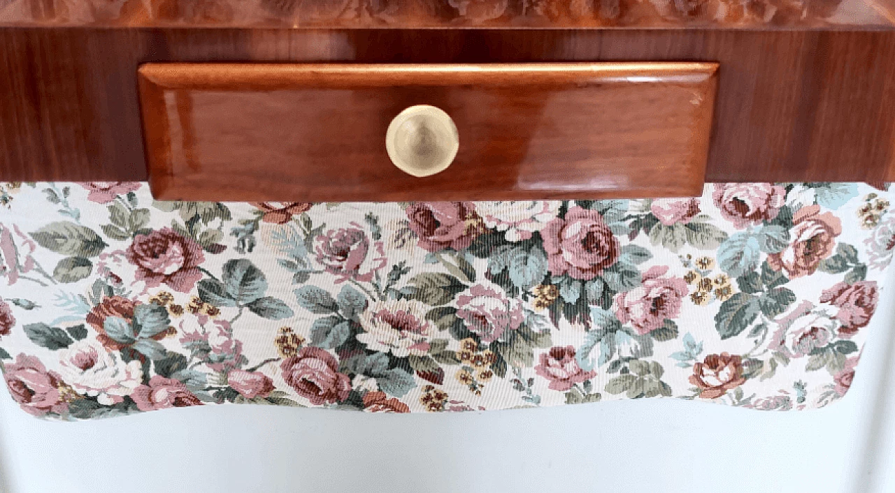 Ebonized beech and floral fabric console, 1950s 10