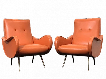 Pair of orange faux leather Lady armchairs by Marco Zanuso, 1950s