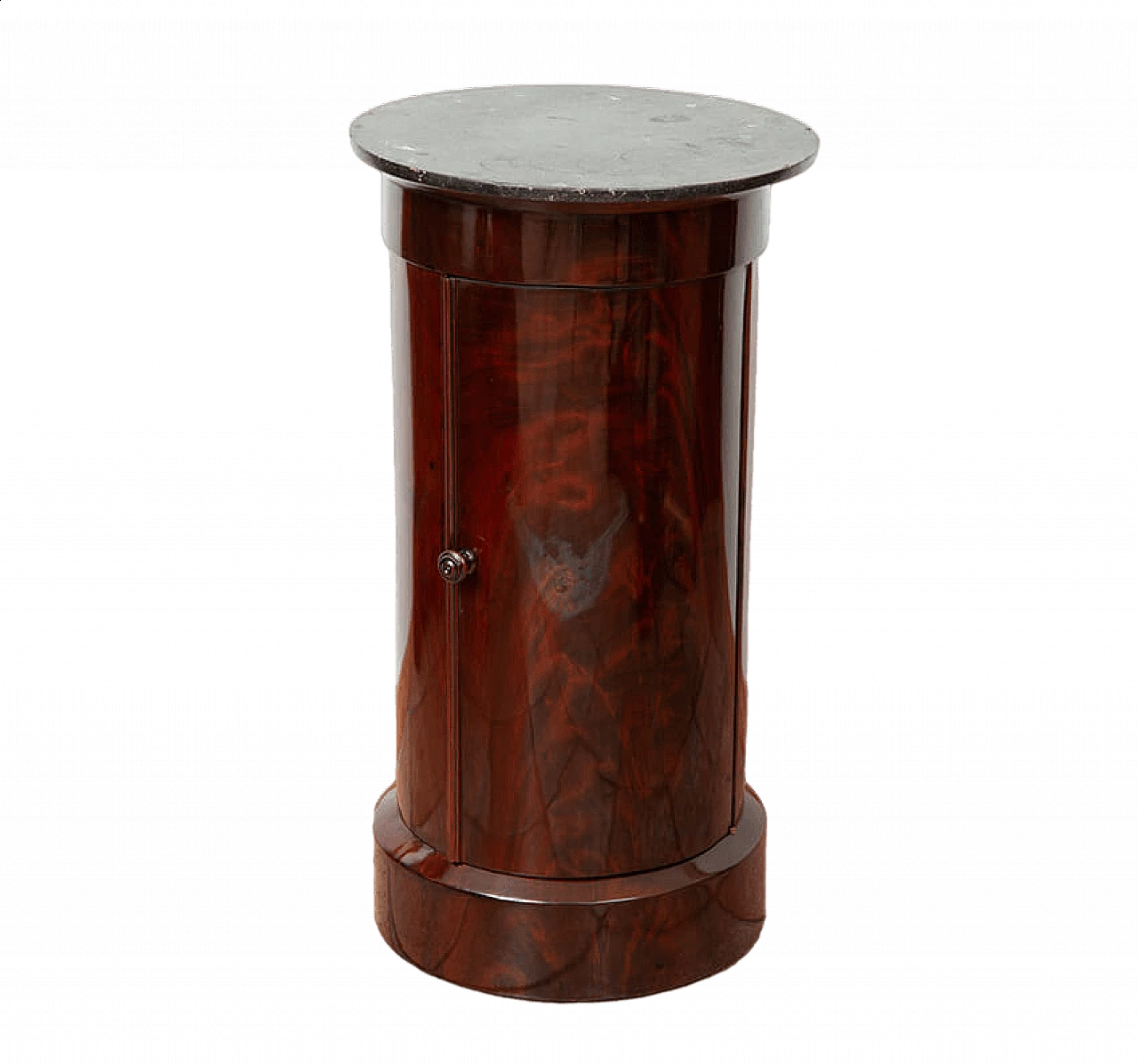 Empire mahogany feather cylinder bedside table with black Belgian marble top, 19th century 4