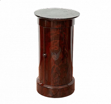 Empire mahogany feather cylinder bedside table with black Belgian marble top, 19th century