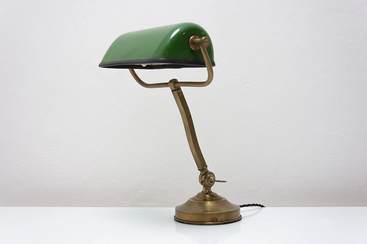 Lampada da tavolo ministeriale Art Déco in metallo dorato e verde, anni '30 2