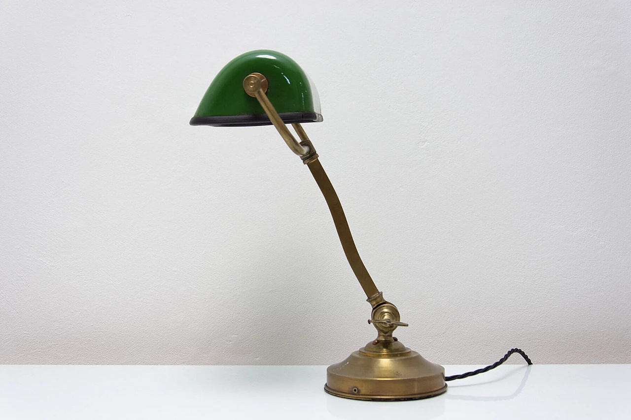 Lampada da tavolo ministeriale Art Déco in metallo dorato e verde, anni '30 3