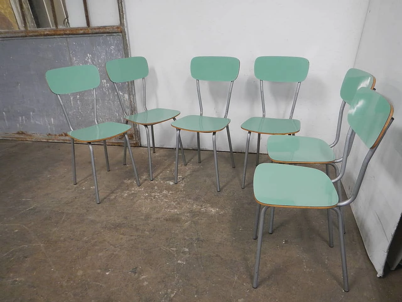 6 Green formica chairs with metal frame, 1960s 1