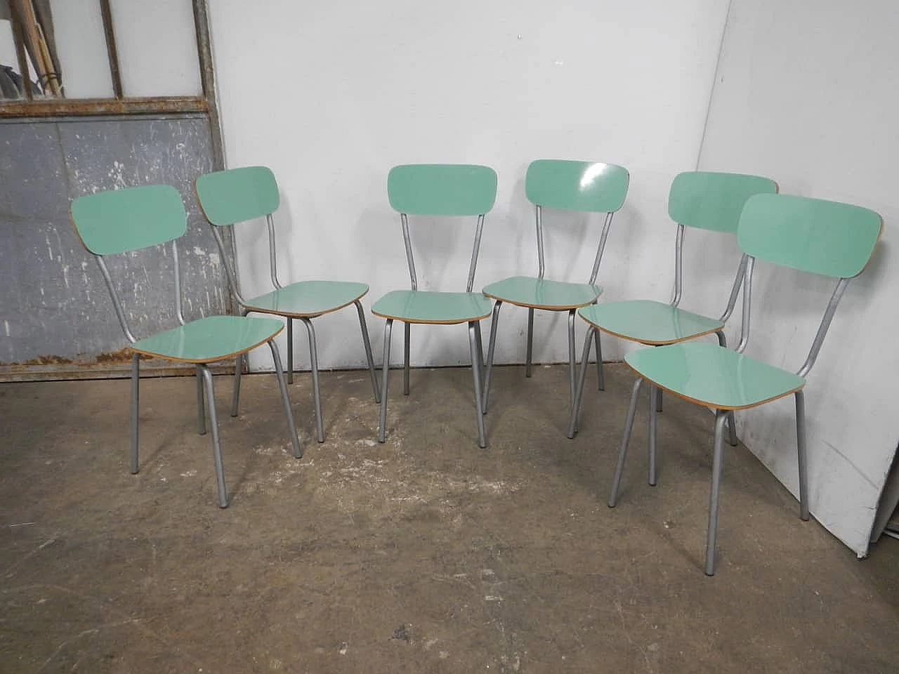 6 Green formica chairs with metal frame, 1960s 2