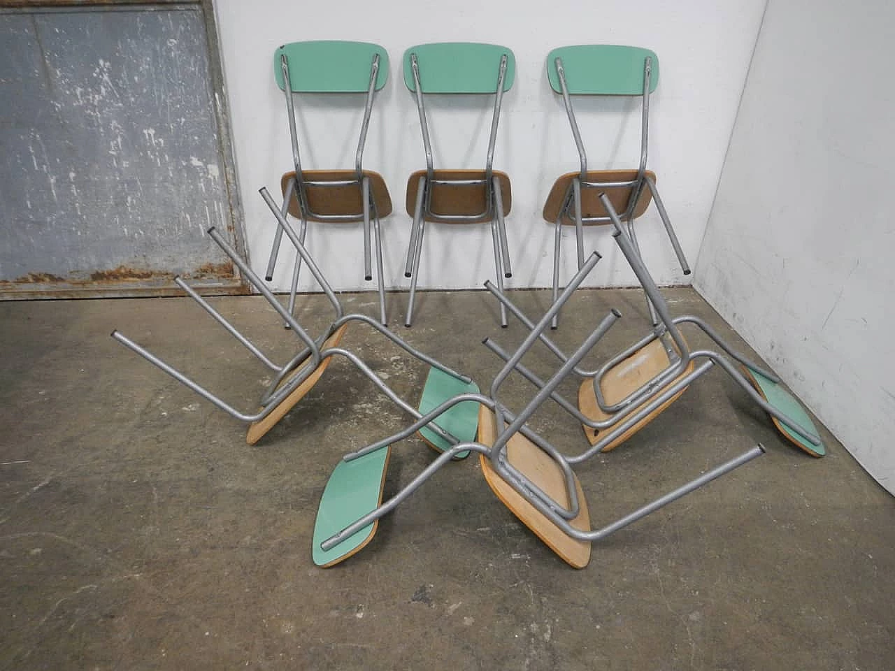 6 Green formica chairs with metal frame, 1960s 3