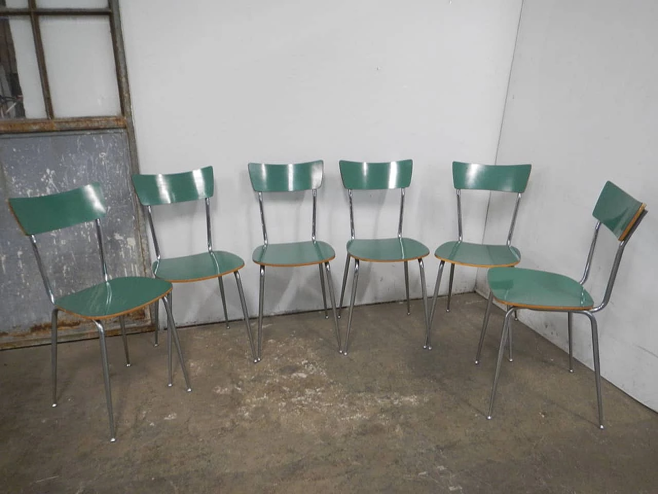 6 Chairs in green formica and metal, 1950s 1