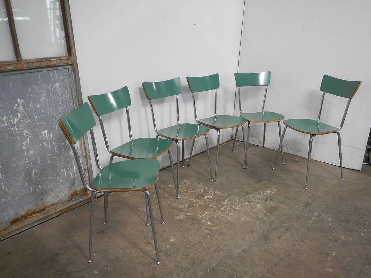 6 Chairs in green formica and metal, 1950s 2