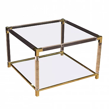 Plexiglass living room table, golden glass and metal, 80s