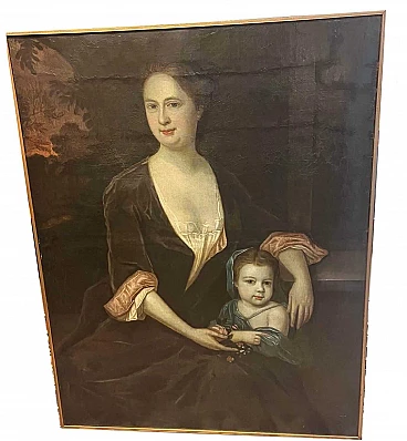 Portrait of woman with little girl, oil painting on canvas, 18th century