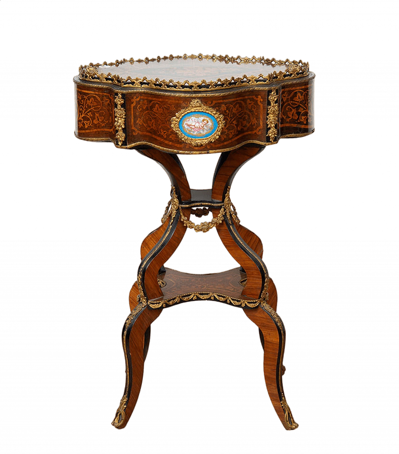 Tavolino Napoleone III in legno esotico, bronzo e porcellana di Sèvres, '800 9