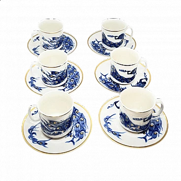 6 Porcelain cups and saucers with cobalt peacocks by V. Dolejš for Karlovarský Porcelán, 1960s