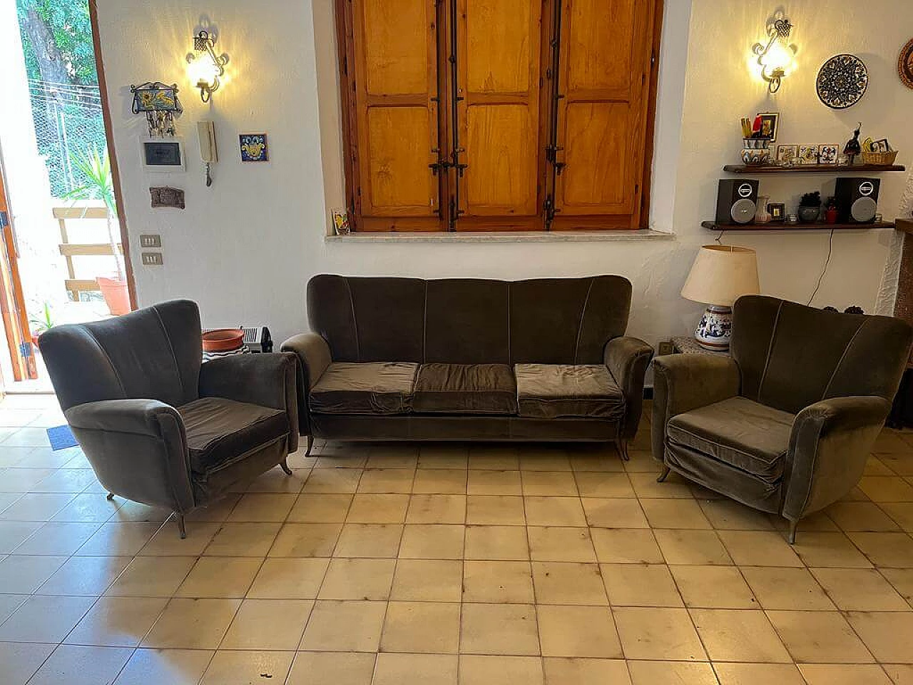 Velvet sofa and pair of armchairs, 1960s 4