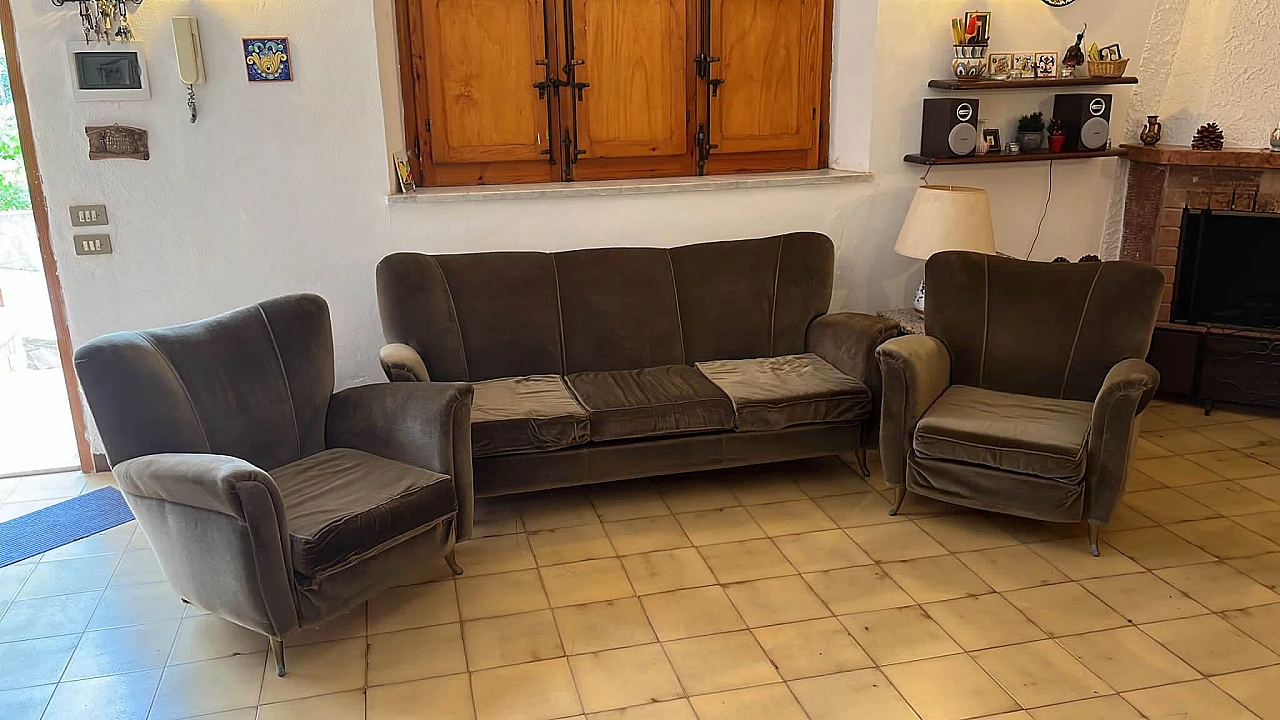 Velvet sofa and pair of armchairs, 1960s 5