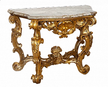 Consolle Luigi XV romana in legno dorato e marmo, '700