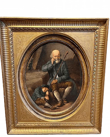 Portrait of old man with child, oil painting on panel, 19th century