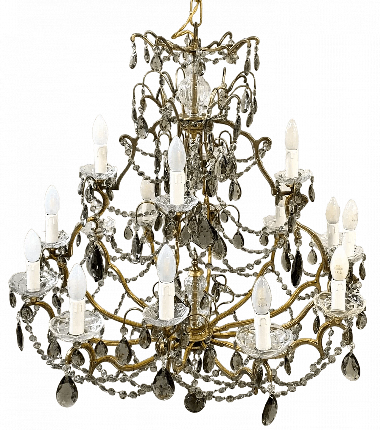 Lampadario a sedici luci in ottone con gocce e coppe in vetro di Murano, 1950 13