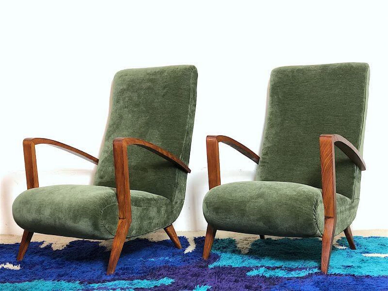 Pair of cherry-stained beech and green velvet armchairs, 1940s 1