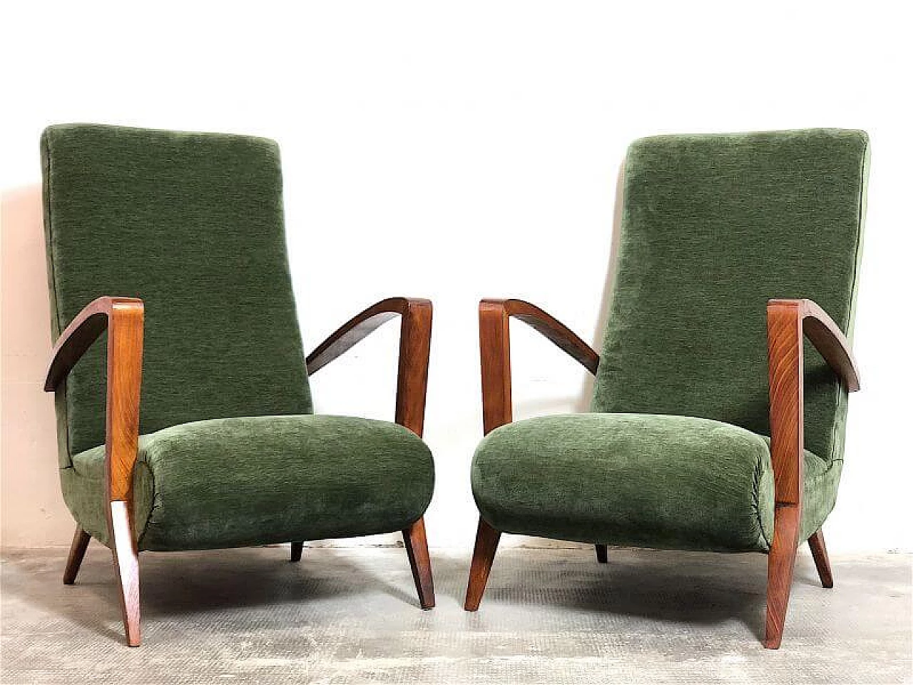 Pair of cherry-stained beech and green velvet armchairs, 1940s 6
