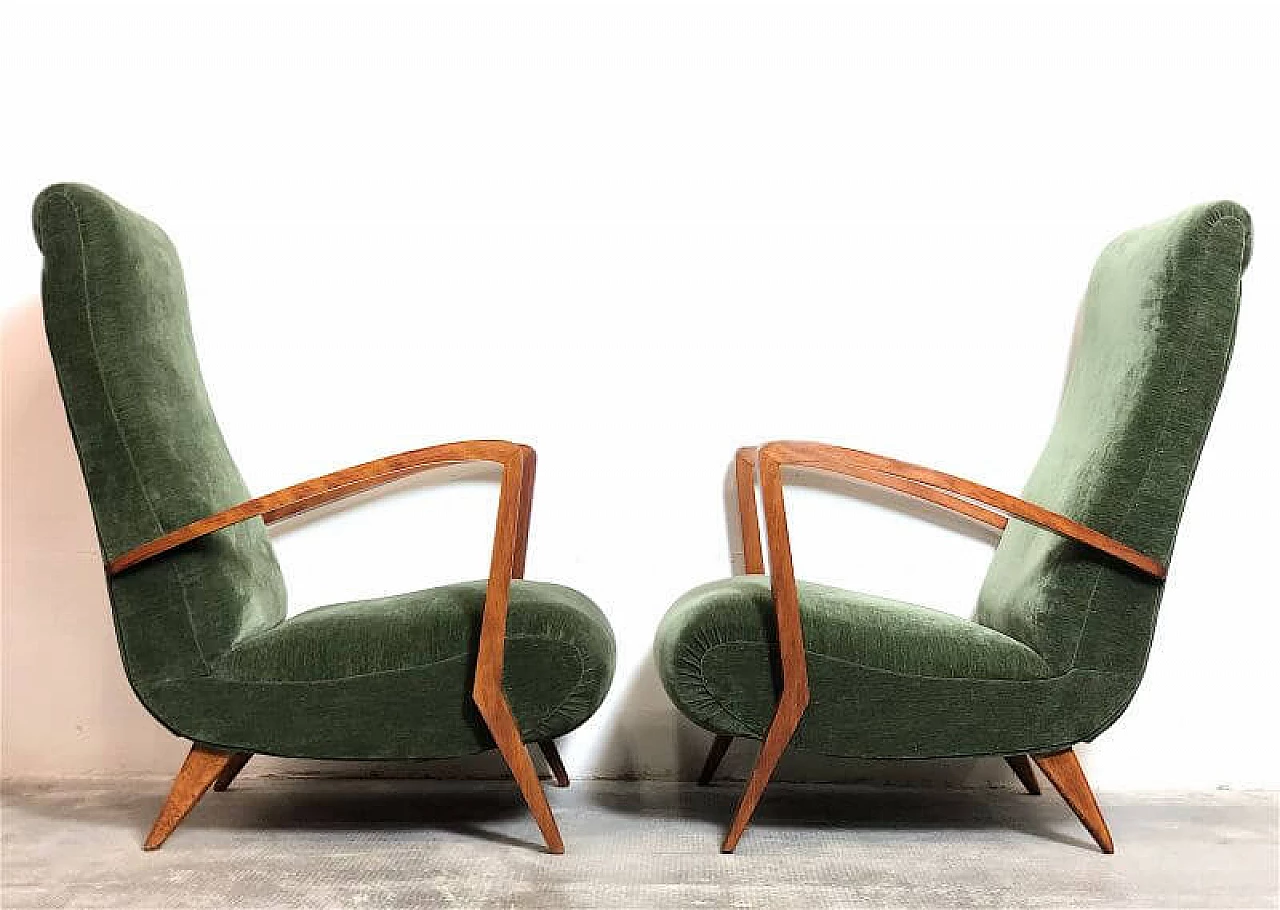 Pair of cherry-stained beech and green velvet armchairs, 1940s 8