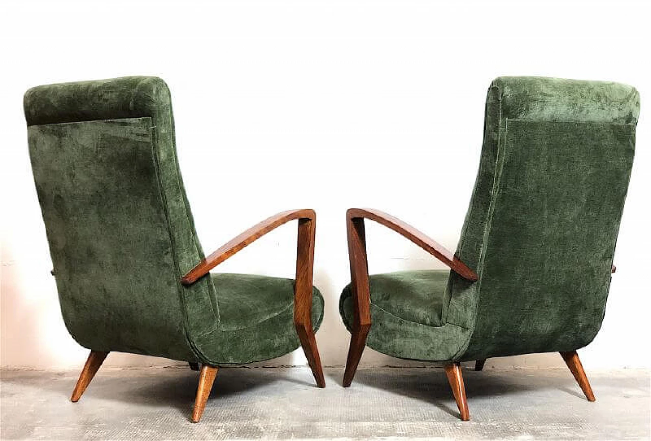 Pair of cherry-stained beech and green velvet armchairs, 1940s 10