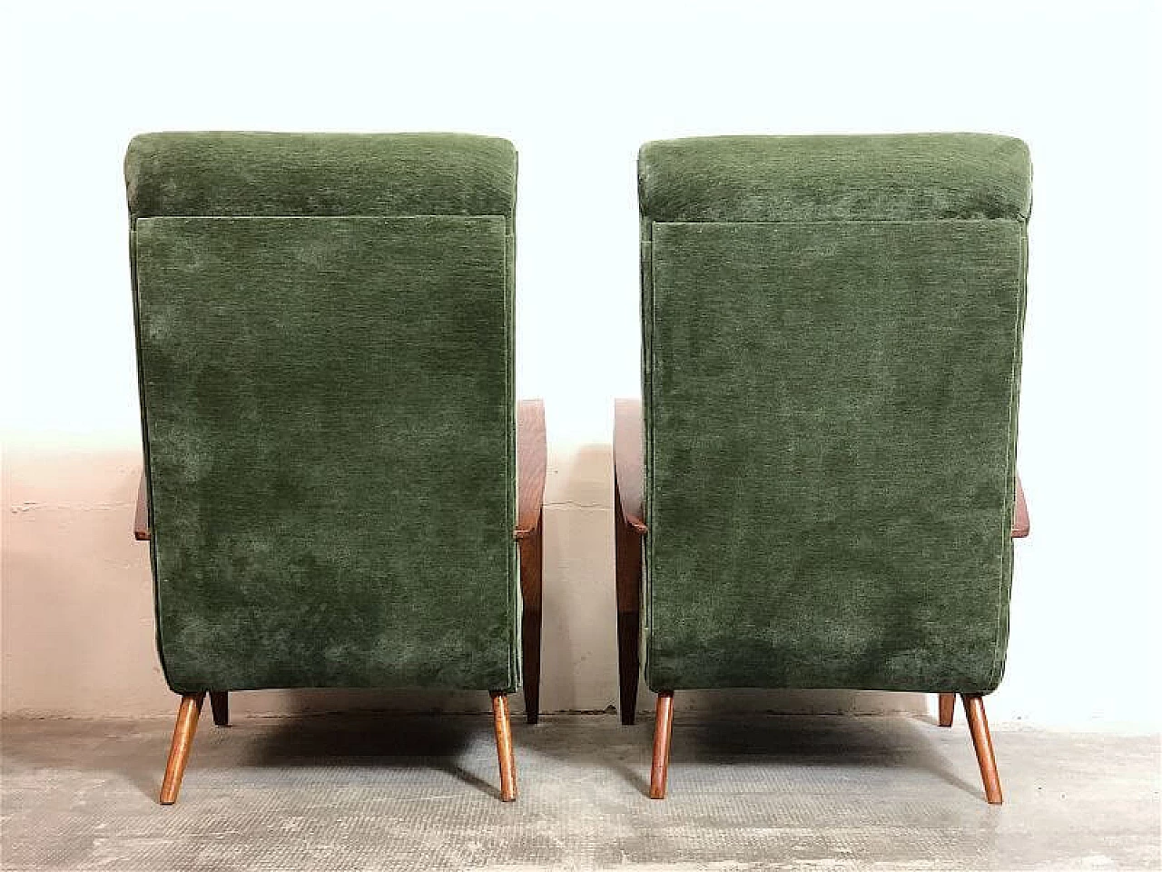 Pair of cherry-stained beech and green velvet armchairs, 1940s 12