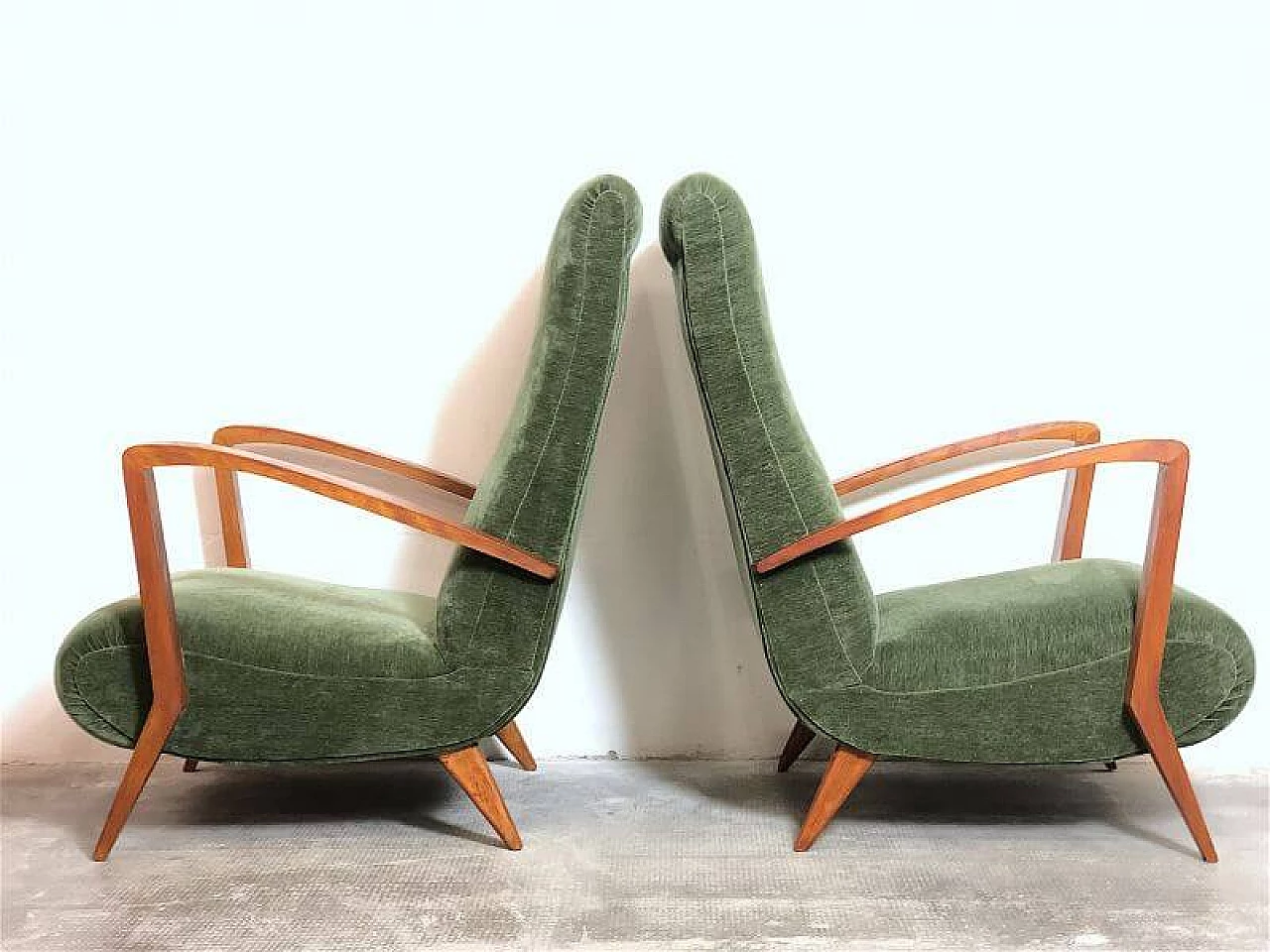 Pair of cherry-stained beech and green velvet armchairs, 1940s 13