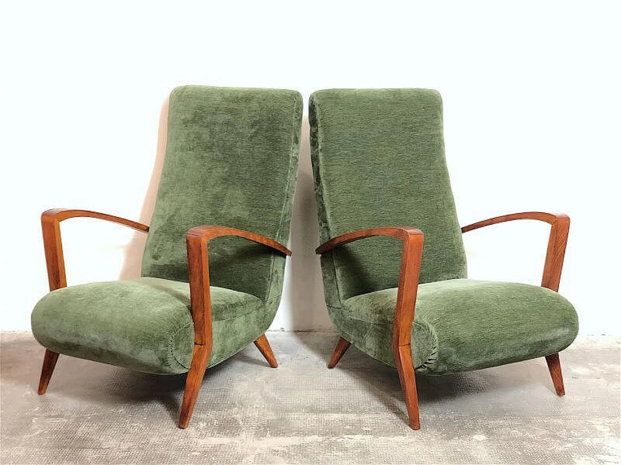 Pair of cherry-stained beech and green velvet armchairs, 1940s 15