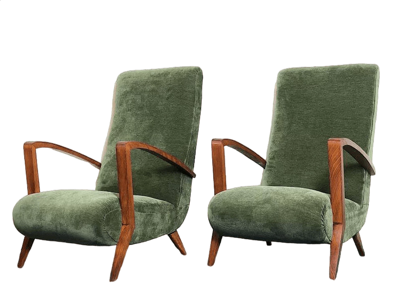 Pair of cherry-stained beech and green velvet armchairs, 1940s 16
