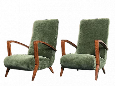 Pair of cherry-stained beech and green velvet armchairs, 1940s