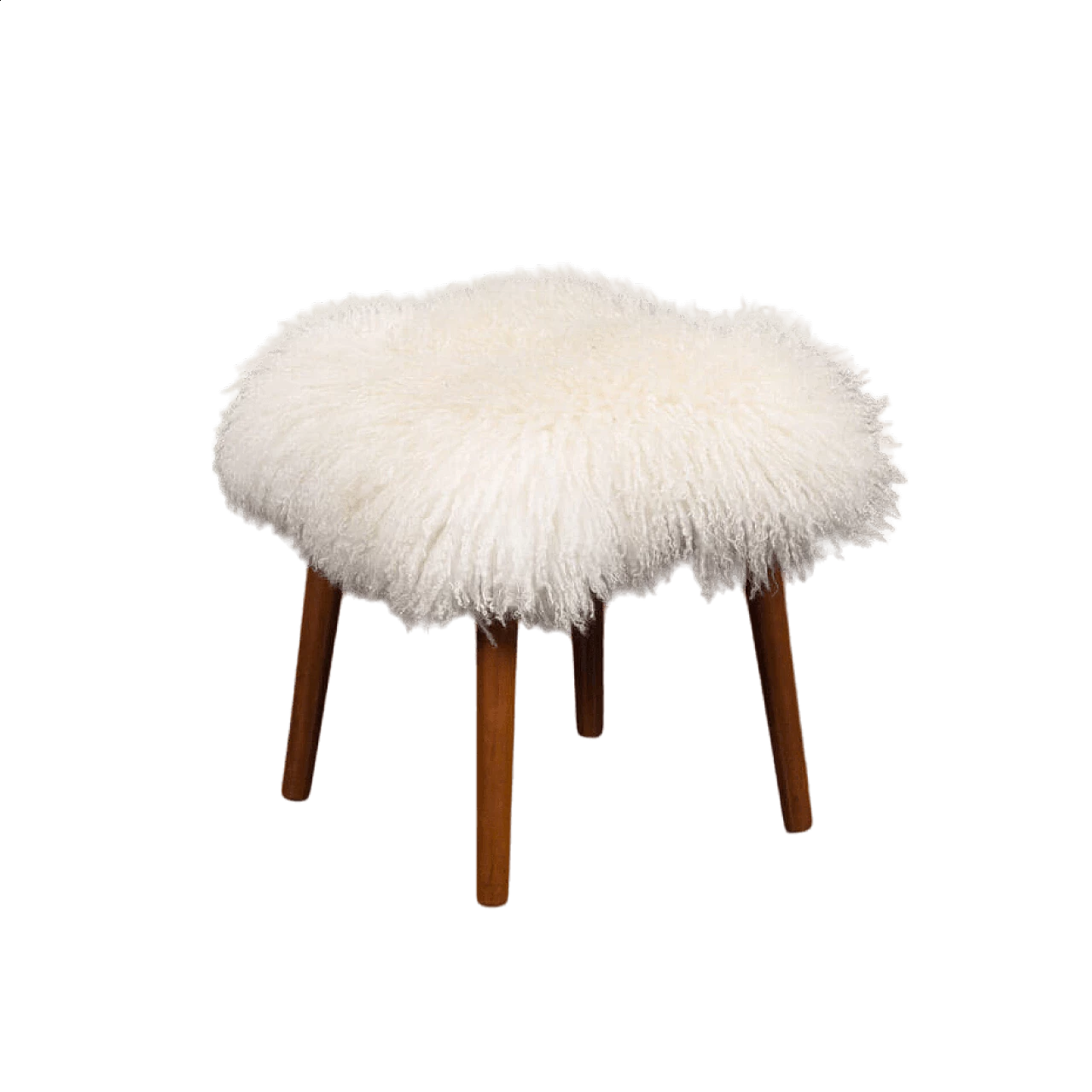 Pouf danese in pelle di pecora a pelo lungo con gambe in teak, anni '60 5