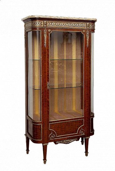 Napoleon III showcase in exotic precious woods with marble top, 19th century