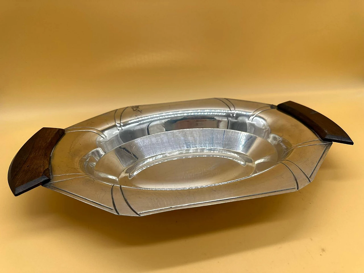 Vassoio Art Déco in metallo e legno macassar, inizio '900 2
