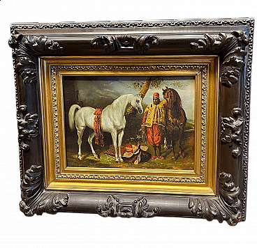 Gustavo Holte, Figura di moro con cavalli, olio su tela, inizio '900