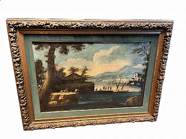 Paesaggio fluviale con barche e figure, olio su tela, '700