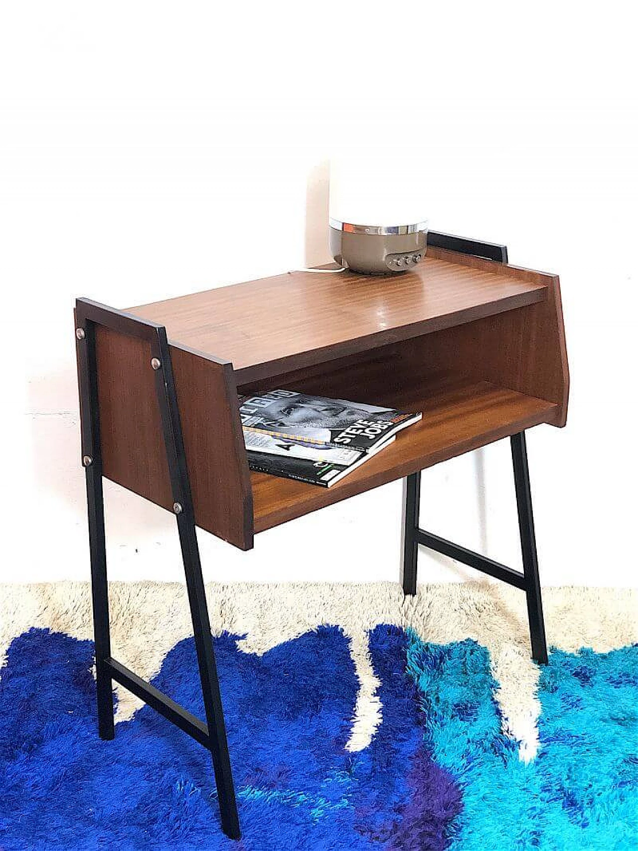 Teak veneered wood and metal coffee table with open compartment, 1960s 1