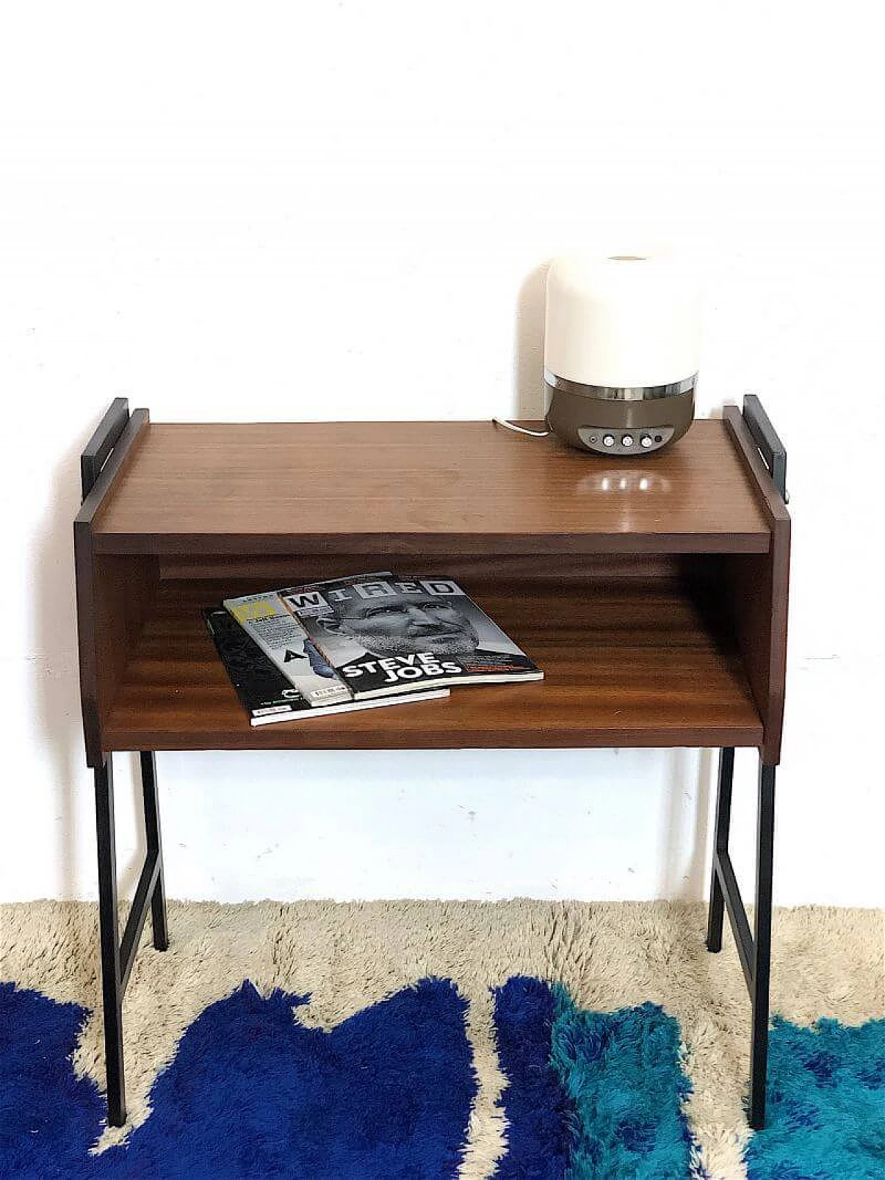 Teak veneered wood and metal coffee table with open compartment, 1960s 3