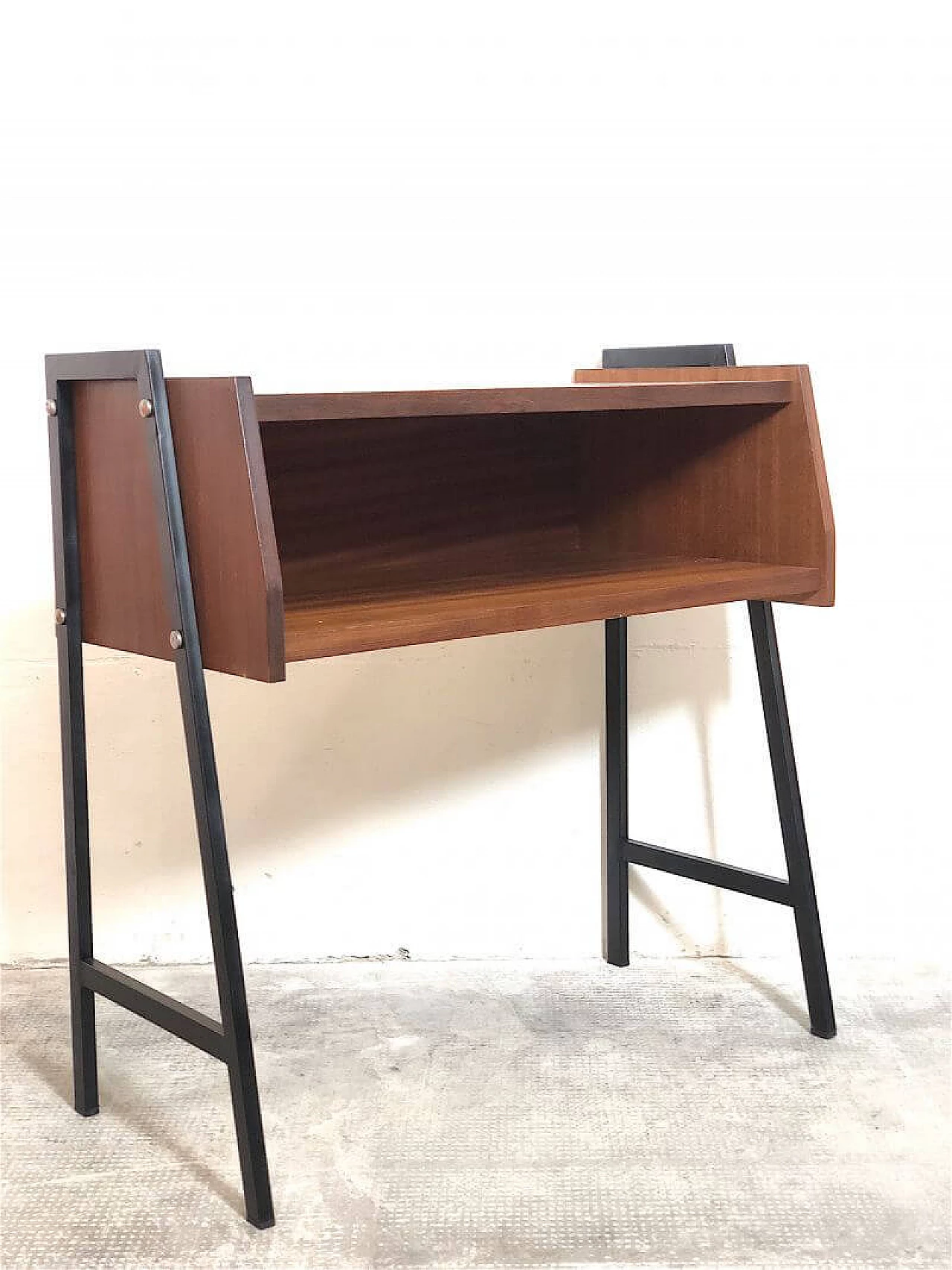 Teak veneered wood and metal coffee table with open compartment, 1960s 4