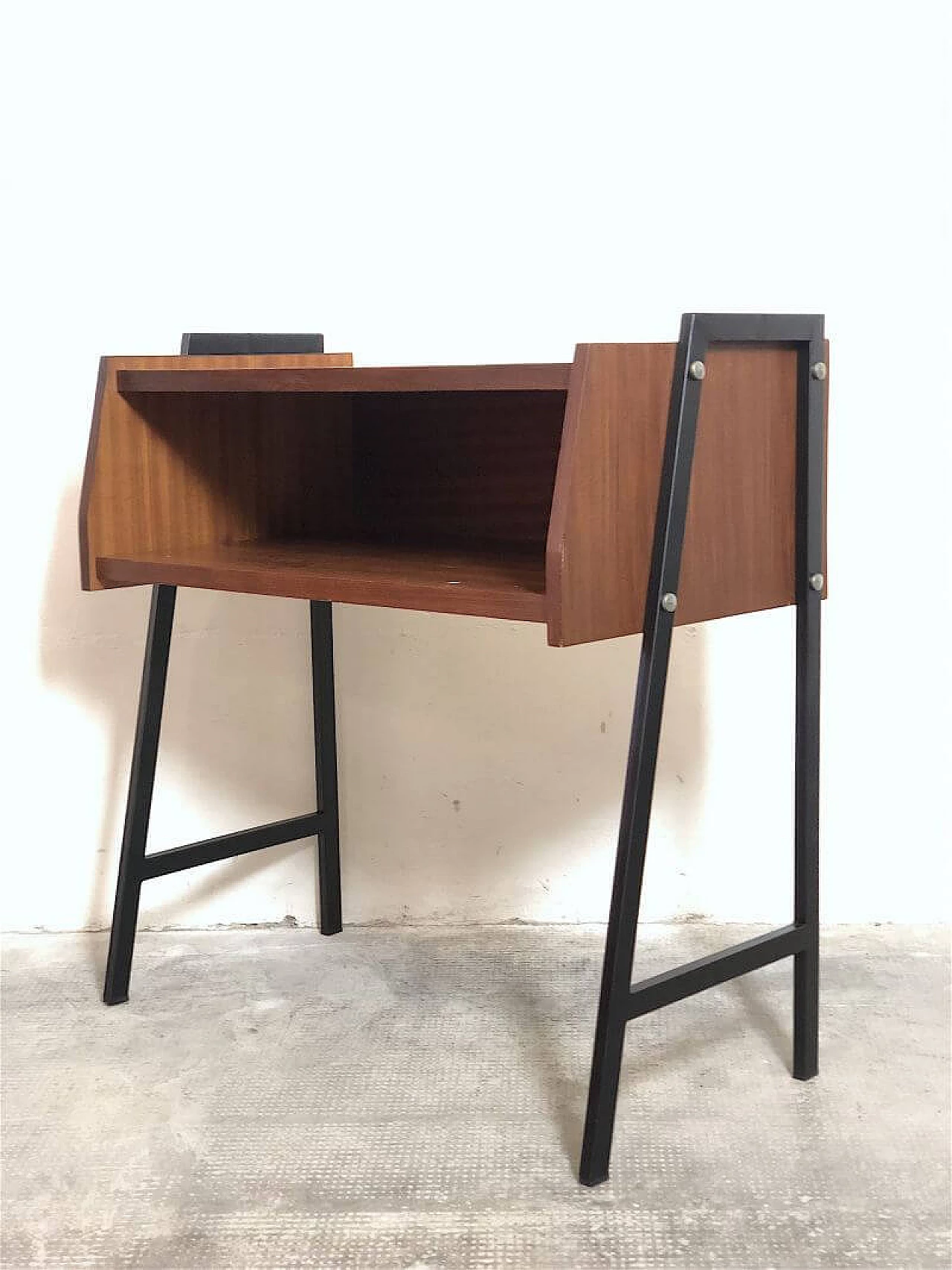 Teak veneered wood and metal coffee table with open compartment, 1960s 6