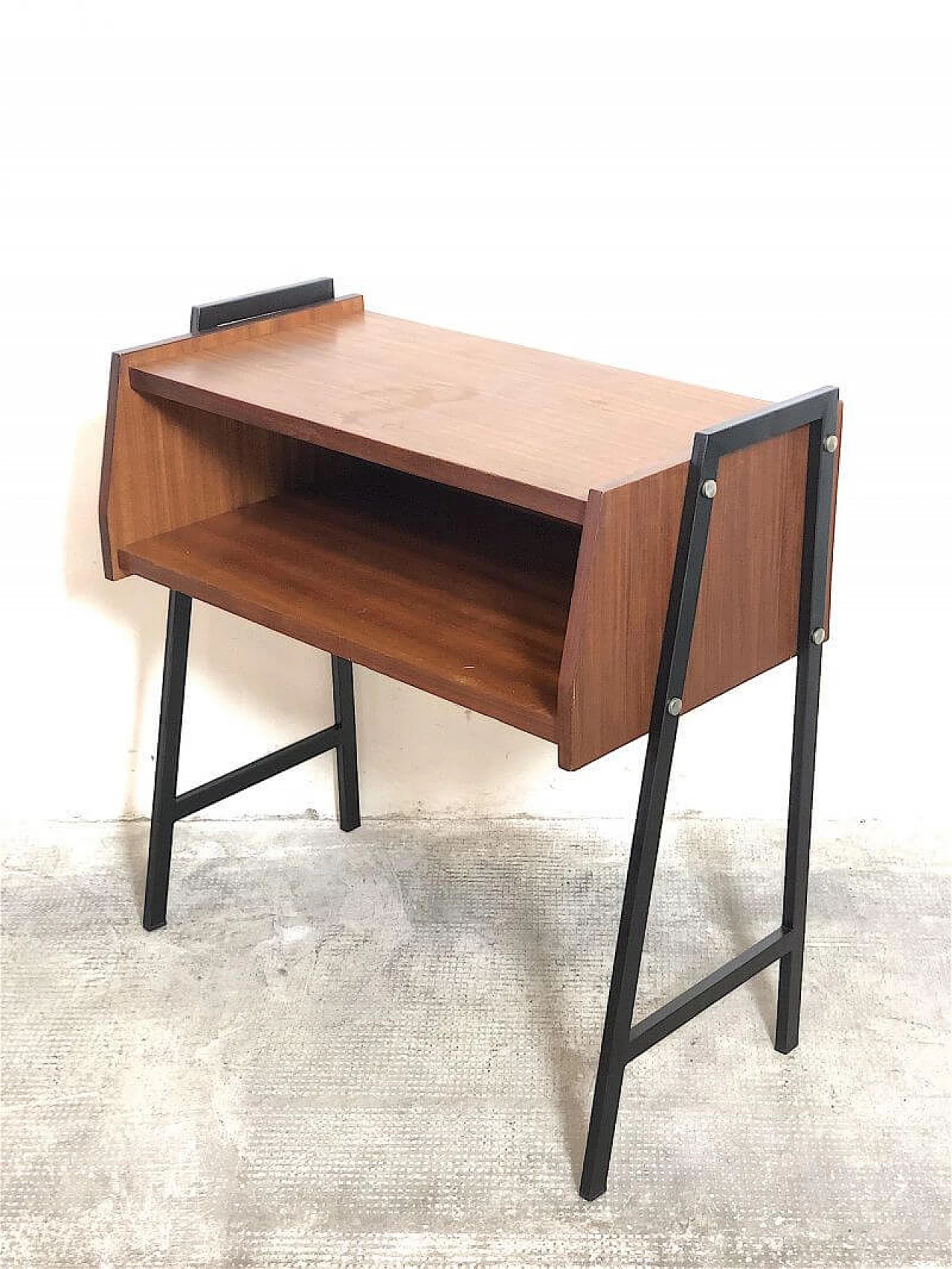 Teak veneered wood and metal coffee table with open compartment, 1960s 7