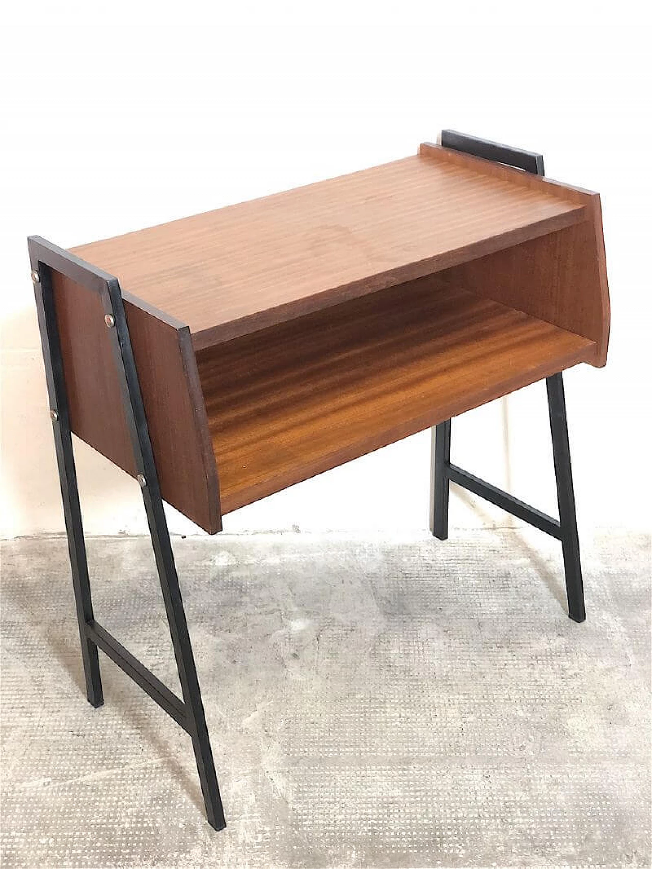 Teak veneered wood and metal coffee table with open compartment, 1960s 8
