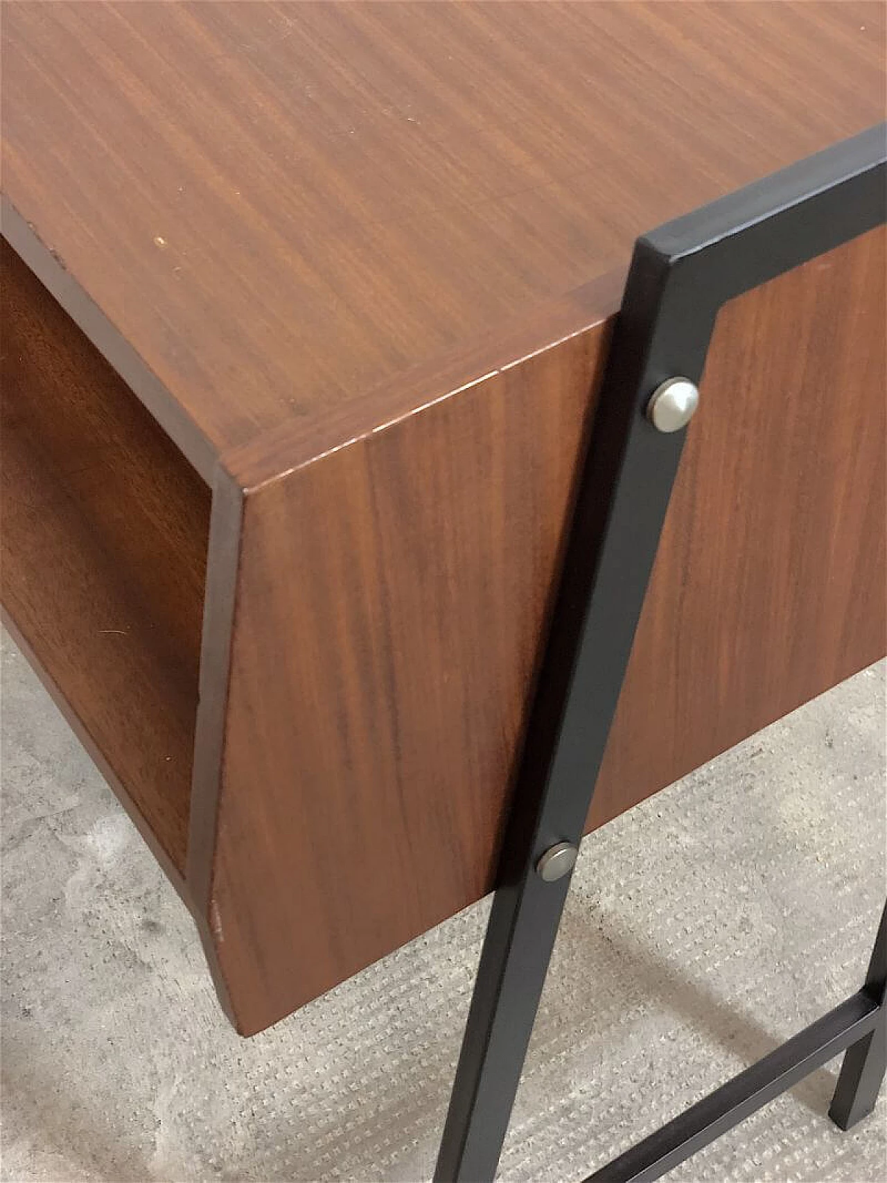 Teak veneered wood and metal coffee table with open compartment, 1960s 9
