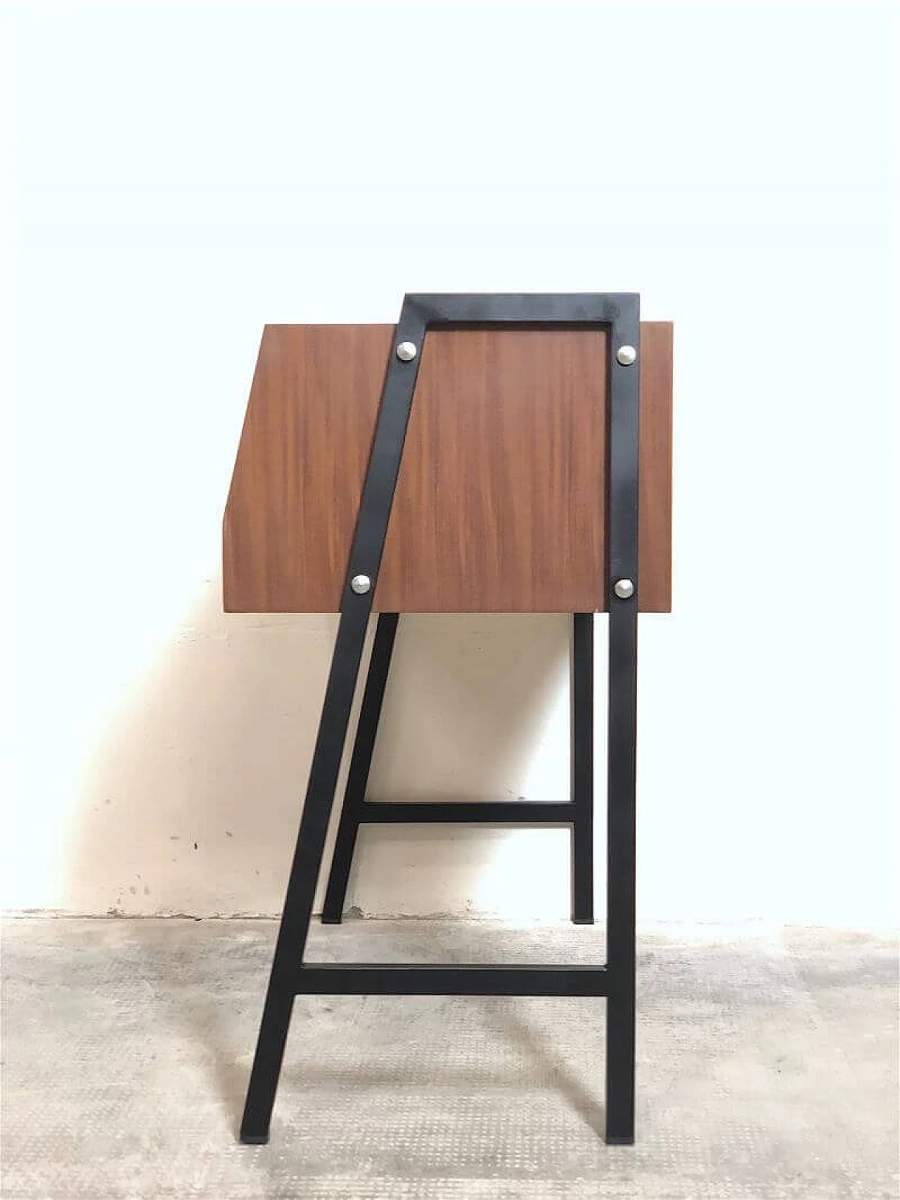 Teak veneered wood and metal coffee table with open compartment, 1960s 10