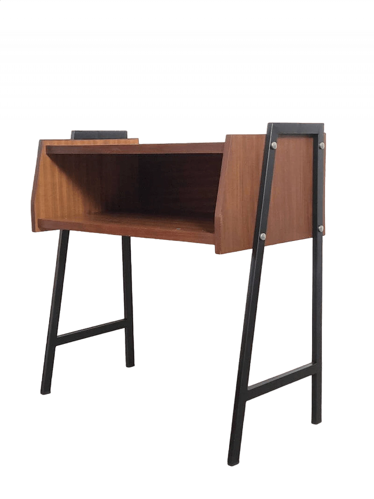 Teak veneered wood and metal coffee table with open compartment, 1960s 14