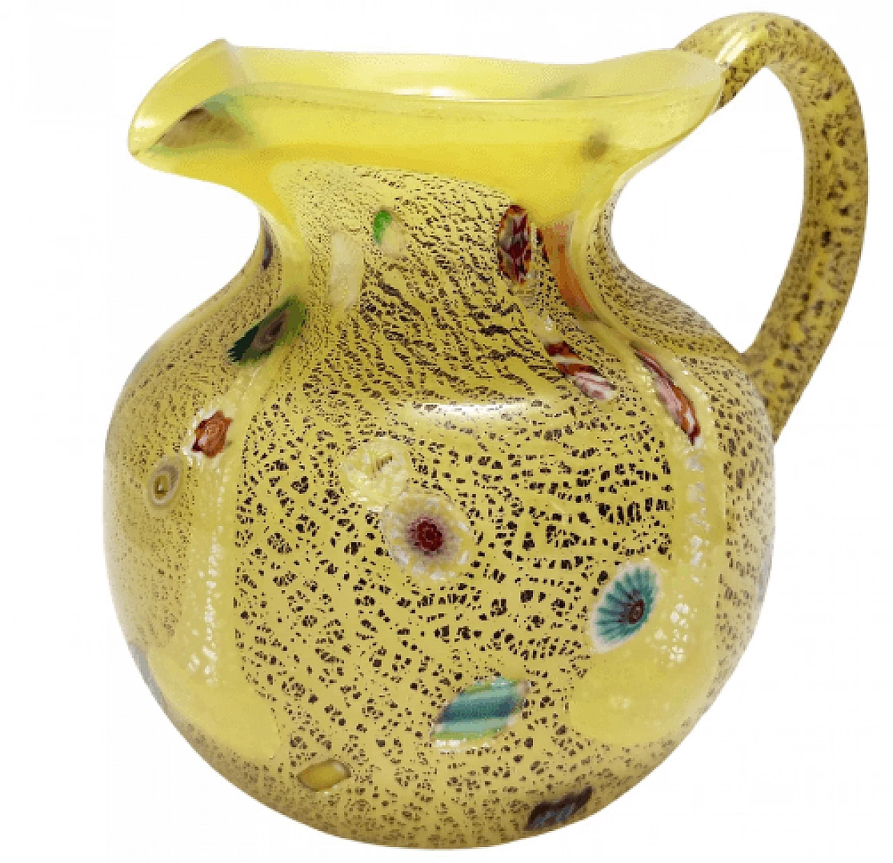 Yellow glass pitcher with murrine and silver specks, 1980s 1