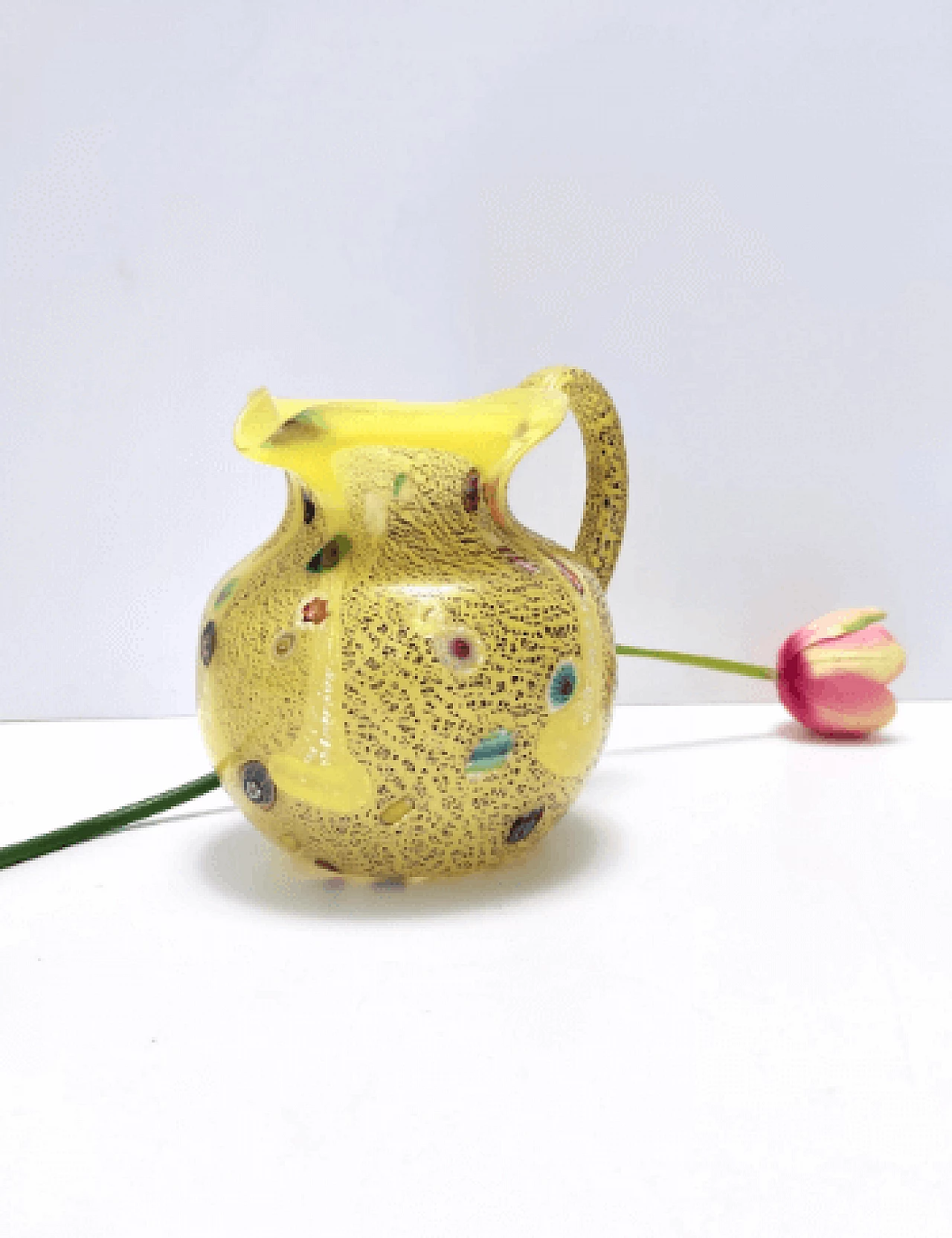 Yellow glass pitcher with murrine and silver specks, 1980s 3